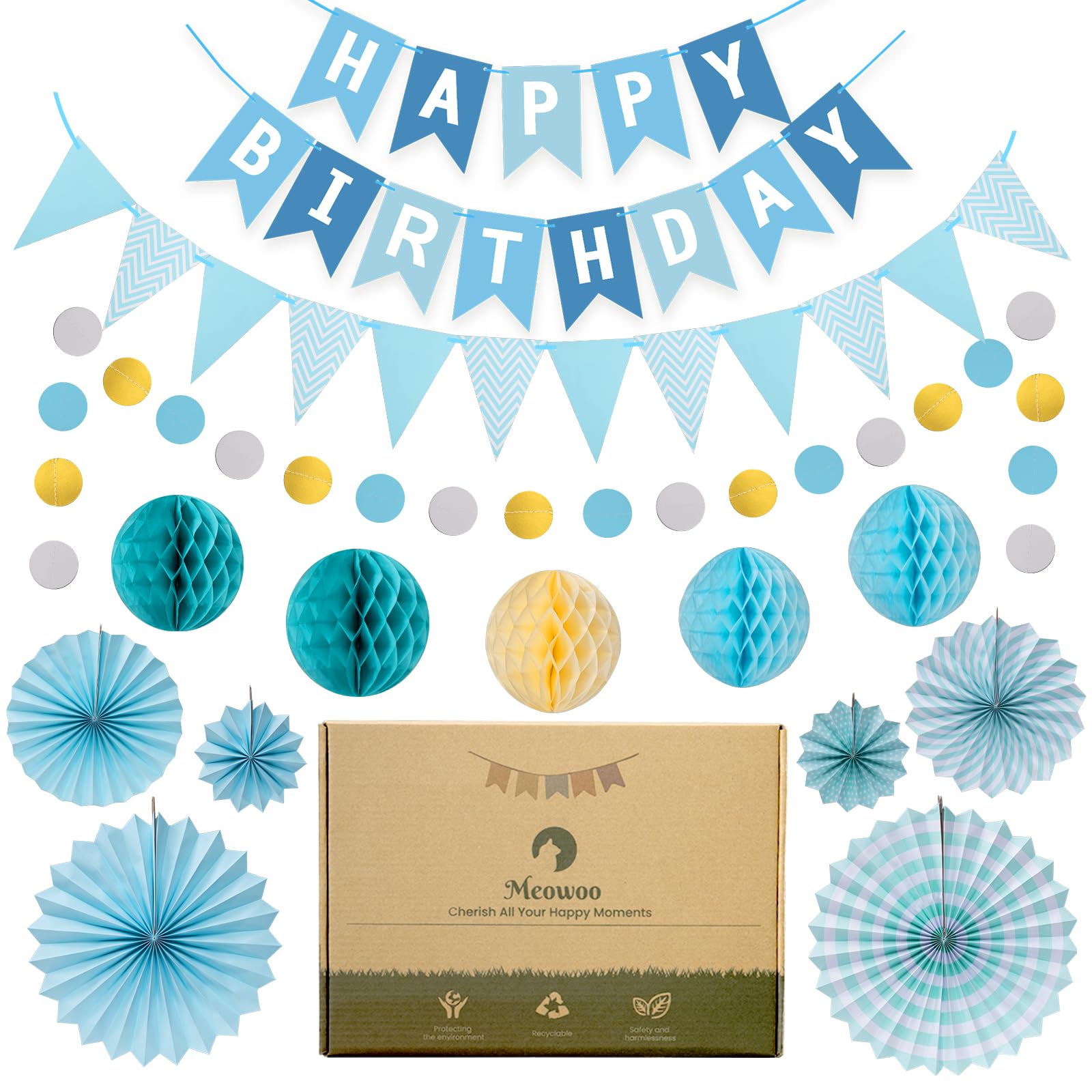 Meowoo Geburtstagsdeko, Blau Geburtstag Party Deko - Happy Birthday Girlande, Wimpelkette, Wabenblumen, Papierfächer - Wiederverwendbare Deko Geburtstag für alle Menschen