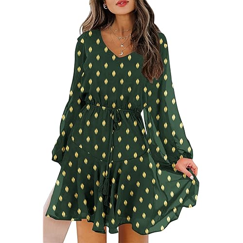 KIRUNDO Women's Long Sleeves V Neck Flowy Swiss Dot High Waist Chiffon Casual Mini Dress with Belt