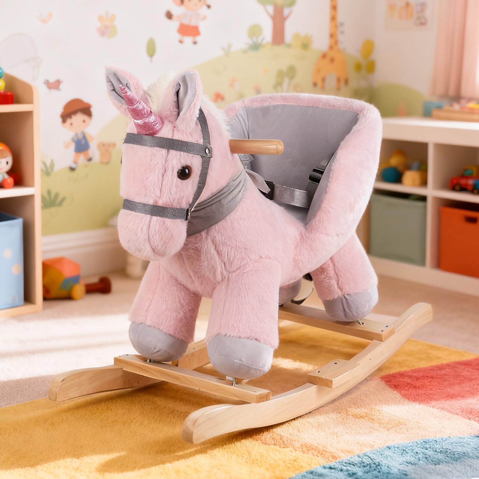 Jessruly Plush Animal Rocking Horse – Soft Ride-On Rocker with Wooden Frame, Magical Unicorn Design for Imaginative Play (Pink unicorn)