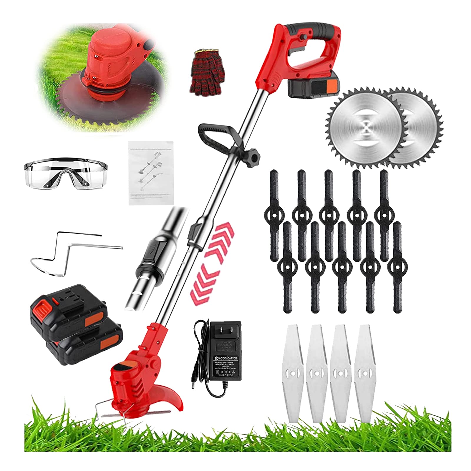 Electric Cordless Trimmer, String Trimmer/Edger 24v Electric Weed Eater Telescopic Cordless Grass Trimmer with 2 Pcs 1500mah Rechargeable Battery/Fast Charger/ 3 Kinds of Blade-s