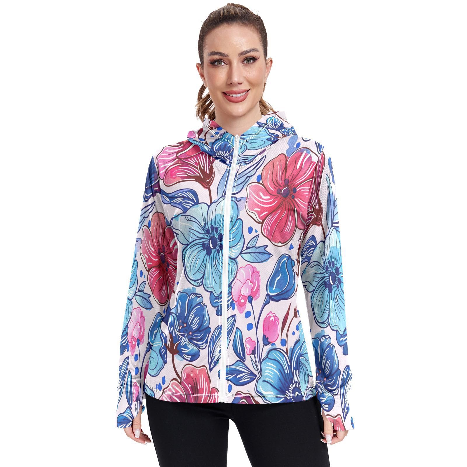 Kigai Flower Women's UPF 50+ Sun Protection Hoodie Jacket with Pocket Zip Long Sleeve Sun Shirt for Gardening Hiking Outdoor
