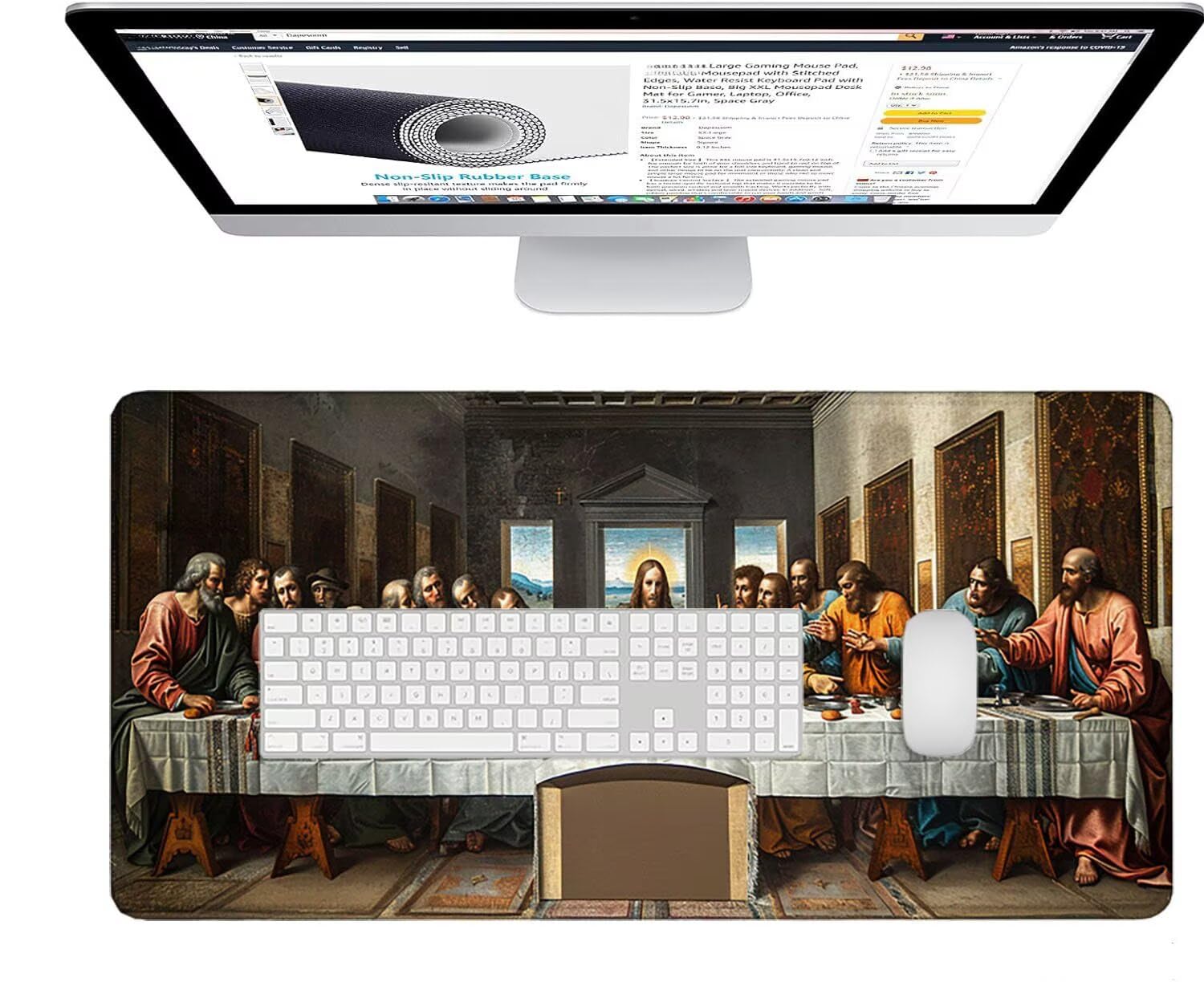 Czarna podkładka pod mysz XXL, 1200 x 600 x 3 mm, duża, wzór Ostatniej Wieczerzy, podkładka na biurko, z antypoślizgową gumową podstawą, odporna na warunki atmosferyczne i trwała, podkładka pod mysz