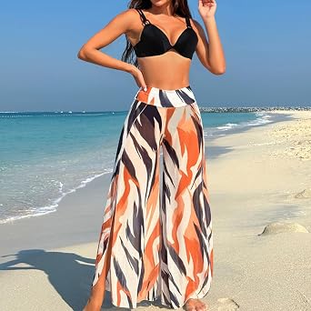 Women's 3 Piece Bikini Set Sexy Tanga String Beach Swimsuit Boho Spaghetti Straps Swimwear with Split Cover Up Pants