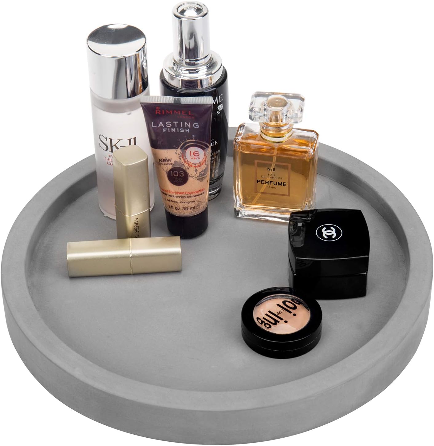 MyGift 11-inch Modern Gray Concrete Round Bathroom Vanity Tray, Cologne and Perfume Tray for Dresser Top