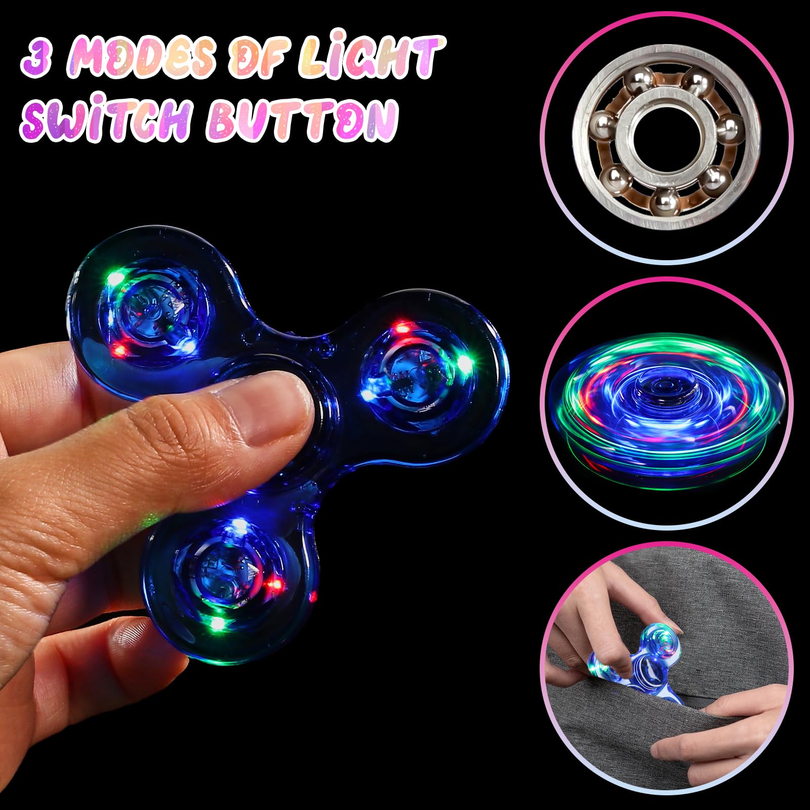 SCIONE 2PCS Crystal LED Light Fidget Spinner for Kids,Light Up Fidget Toys for Kids,Glow in The Dark Party Bag Fillers for Children Adults(Crystal- Blue and Red) - Image 4