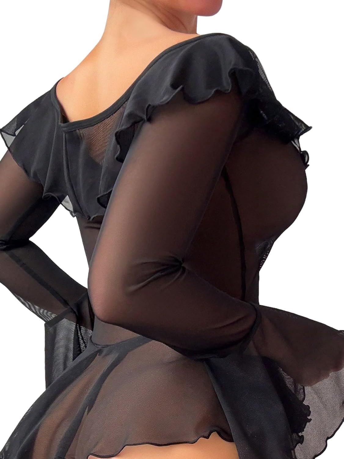 Sexy Rave Ruffle Bell Long Sleeve Off Shoulder Mesh Sheer Babydoll Lingerie Set Dress with Thong 2 Piece - Image 2