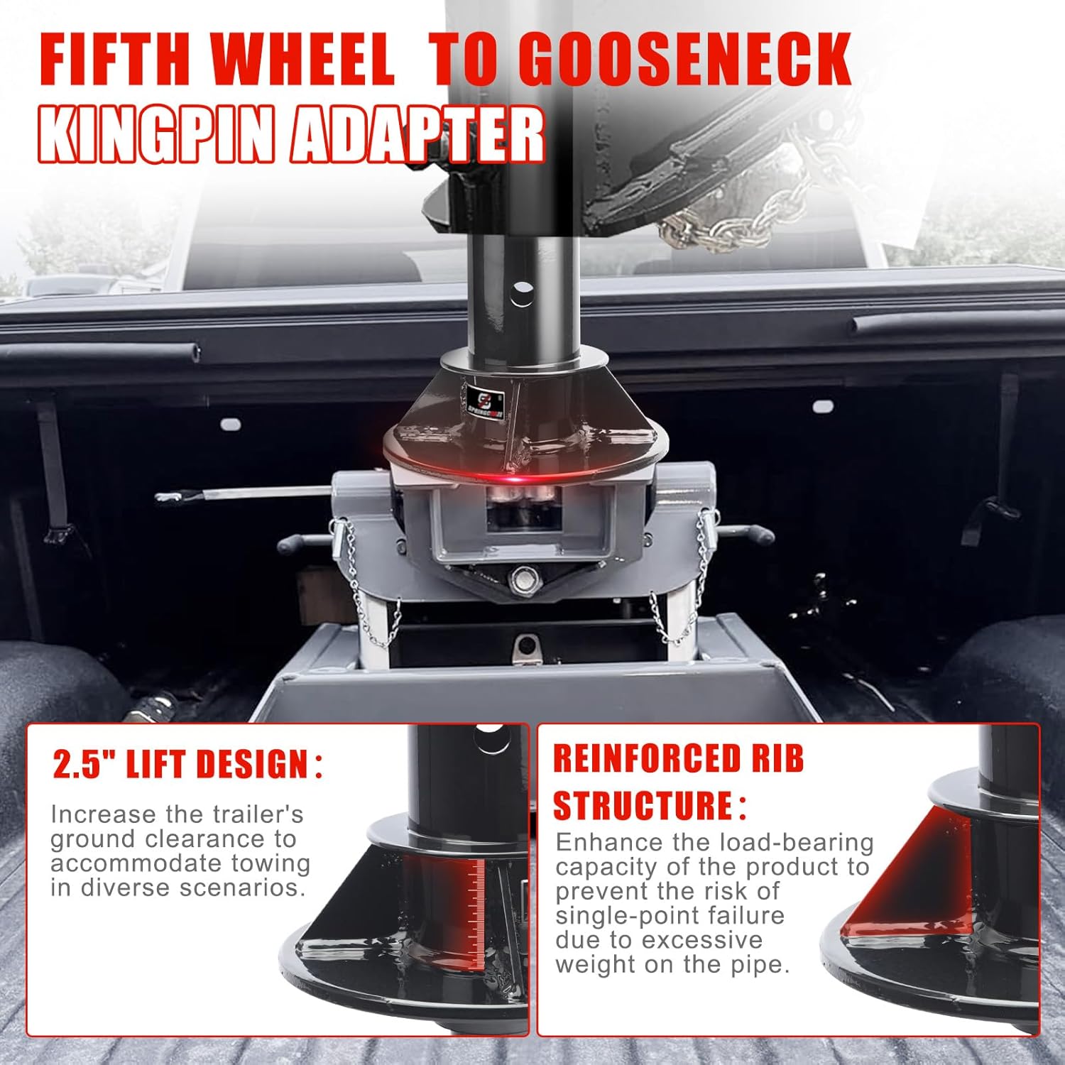 Gooseneck to 5th Wheel Adapter Trailer Coupler with 2" Kingpin, 4" Round Tube, Adjustable Height Fit for Campers,Trailers,Tractors- 30000 lb Capacity