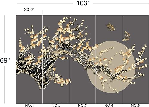 Miniatura 5 de Papel tapiz de pared con diseño de mariposas y luna de ramas doradas, para dormitorio, 103 x 69 pulgadas