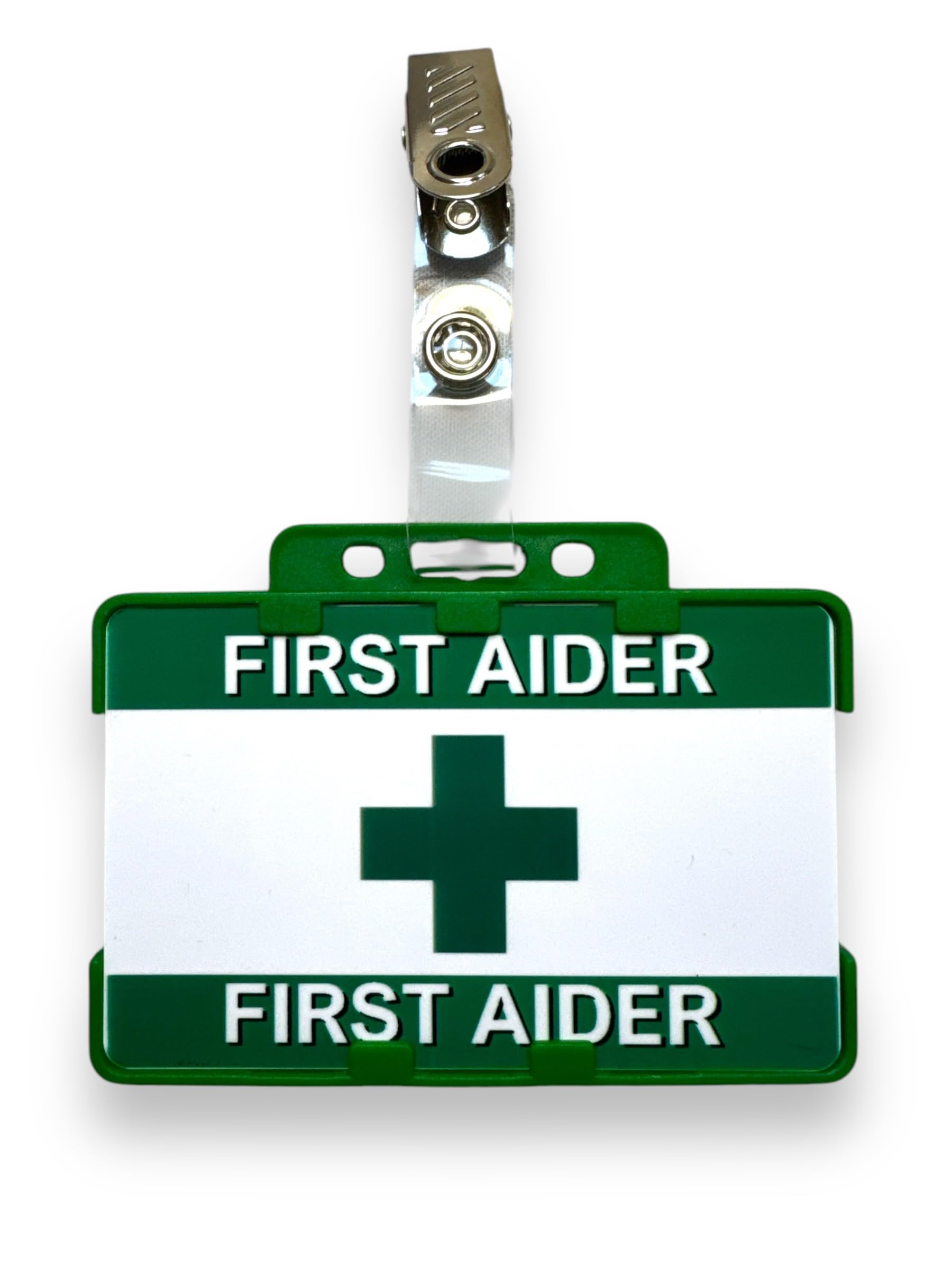 First Aid Printed Badge, Green Double ID Card Holder, Croc Clip (5)