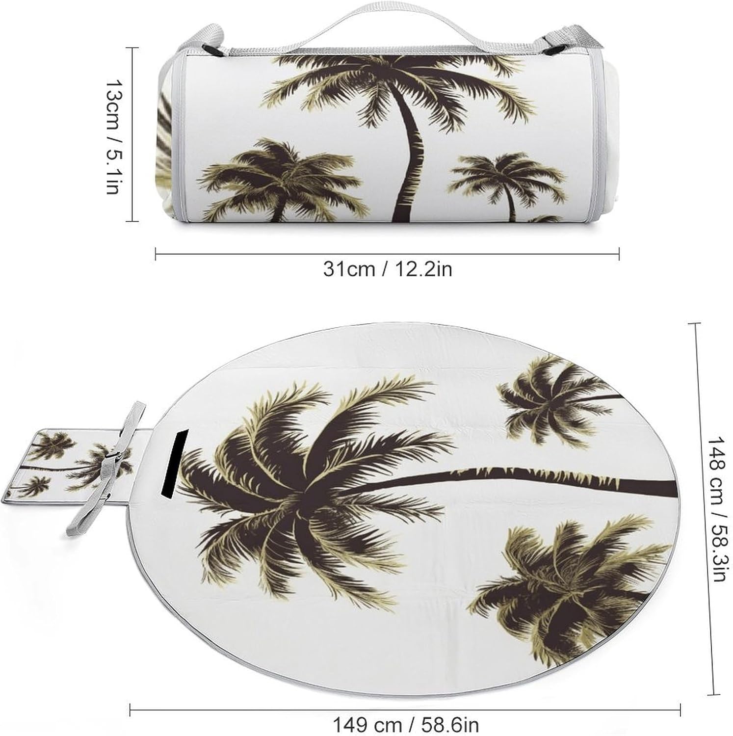 Palm Tree Picnic Blanket Foldable Outdoor Round Blankets Lightweight Beach Mats Portable Waterproof Park Sand Free Mat for Camping Hiking Sports Activities
