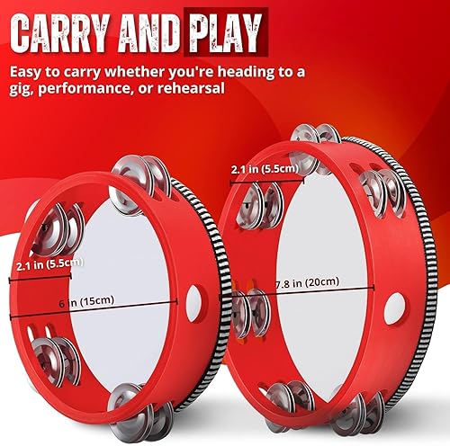 Miniatura 7 de Flexzion Pandereta de mano de madera para niños, juego de 2 unidades de 8 y 6 pulgadas, doble fila, 12 pares de jingles de metal, tambor de