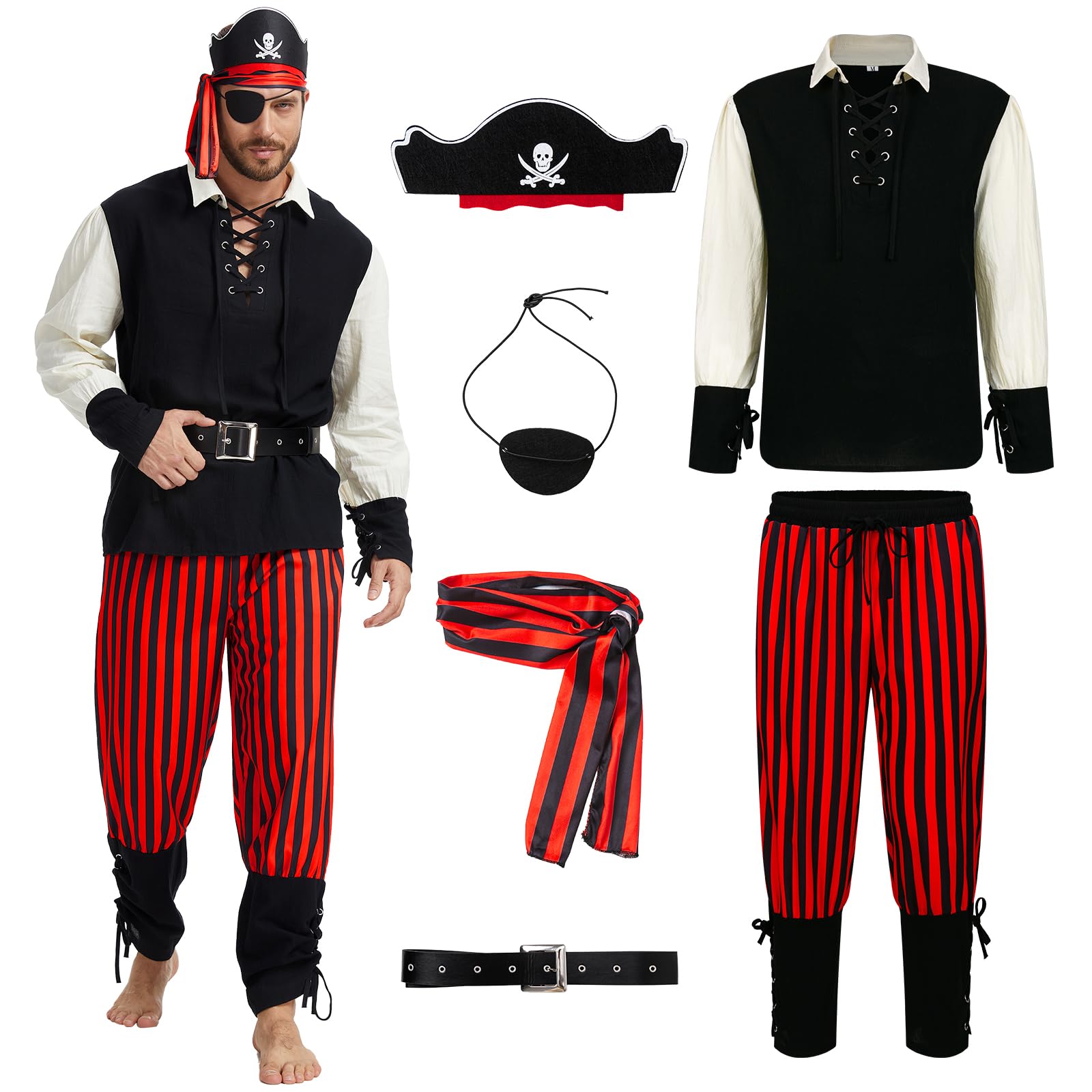 LPFNSF Men's Pirate Costume 6 Piece Set, Renaissance Shirt with Vest and Viking Pants for Halloween Pirate Festival, Cosplay (M)