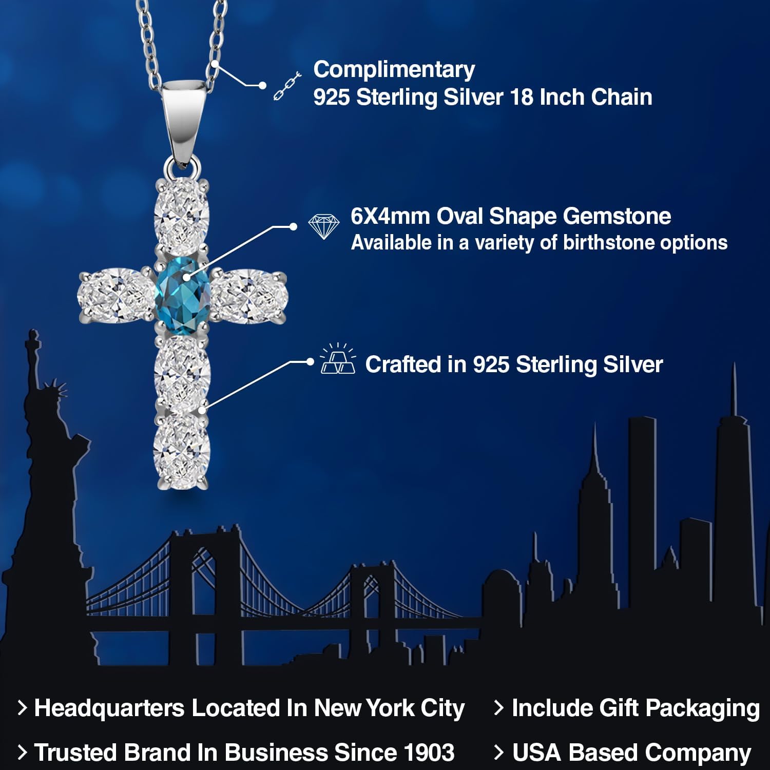 Gem Stone King 925 Sterling Silver Lab Grown Diamond and London Blue Topaz Cross Pendant Necklace for Women | 2.60 Cttw | Gemstone April Birthstone | Oval 6X4MM | With 18 Inch Chain - Image 2