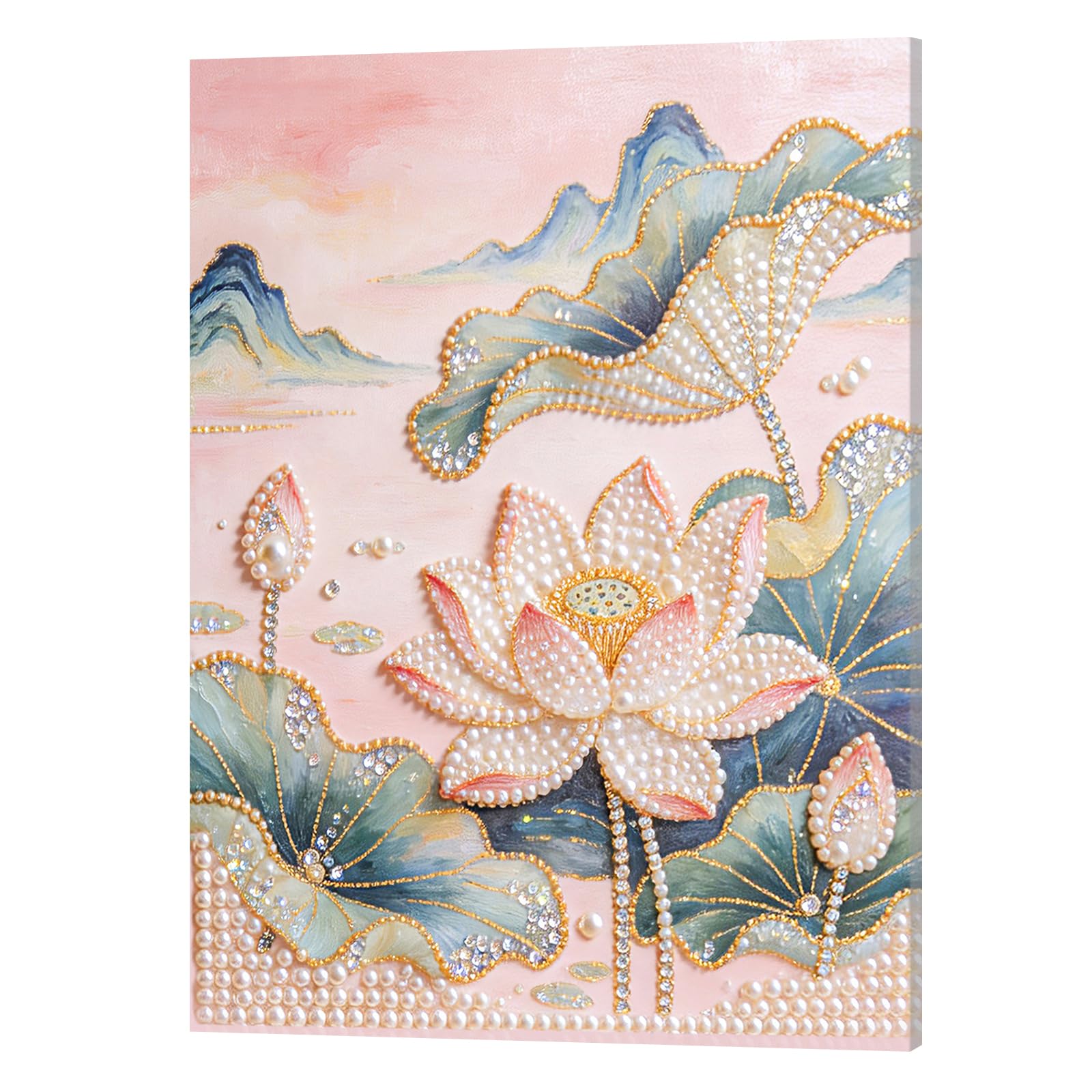DIY Pearl Painting Kit with Wooden Frame, 3D Plastic Pearl Gemstone Ocean Art Craft for Adults Beginners, Diamond Art Kits for Adults, Home Wall Decor Ready Gift for Women(Pink Lotus)(40 * 50cm)