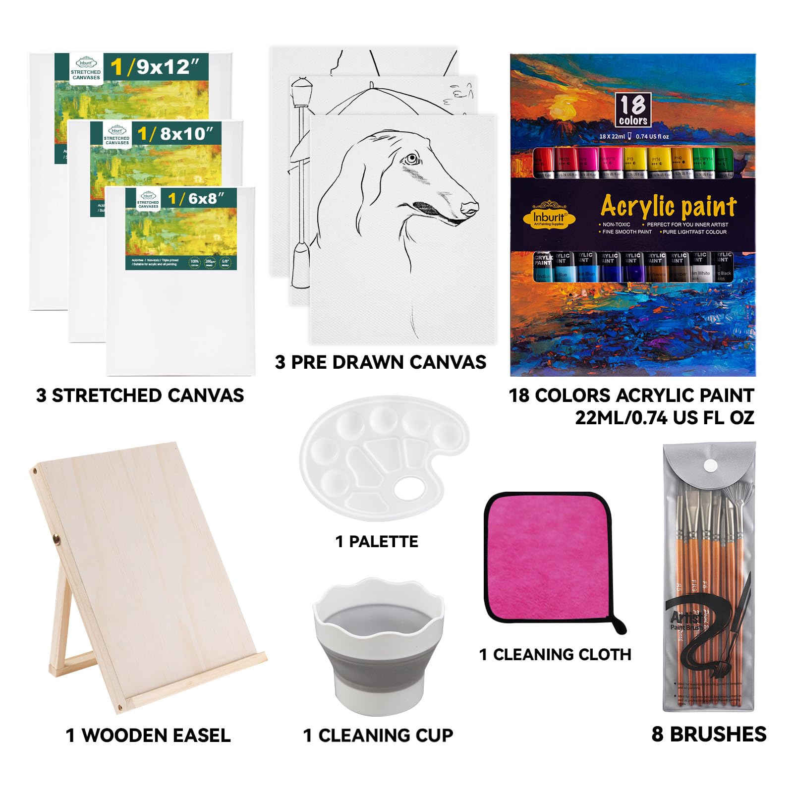 Inburit Lot de 36 kits de peinture acrylique pour adultes et enfants, ensemble de peinture acrylique avec chevalet en bois, 18 couleurs, 8 pinceaux, 6 toiles, kit de peinture pour artistes débutants