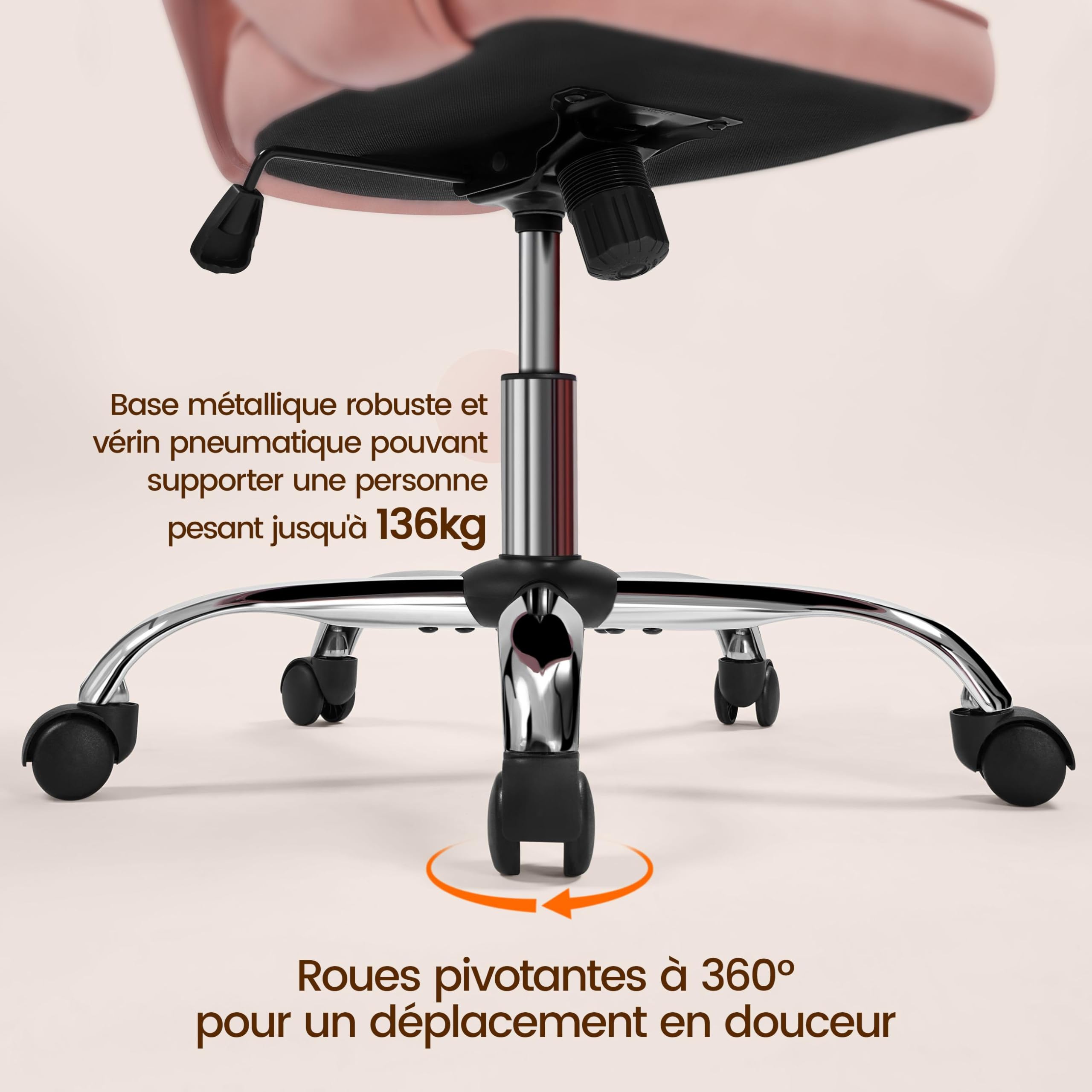 Yaheetech Fauteuil de Bureau en Velours avec Dossier Capitonné Arrondi Pivotant à roulettes Assise Réglable en Hauteur pour Chambre Bibliothèque Salon Rose