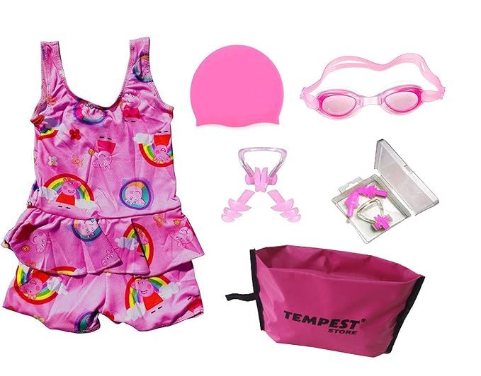 TEMPEST Swimming Kit for Girls with 1 Swimming Costume | Swim Suit | Swimwear | Swimming Dress Goggles Cap Ear Plug Nose Clip with Free KIT Bag