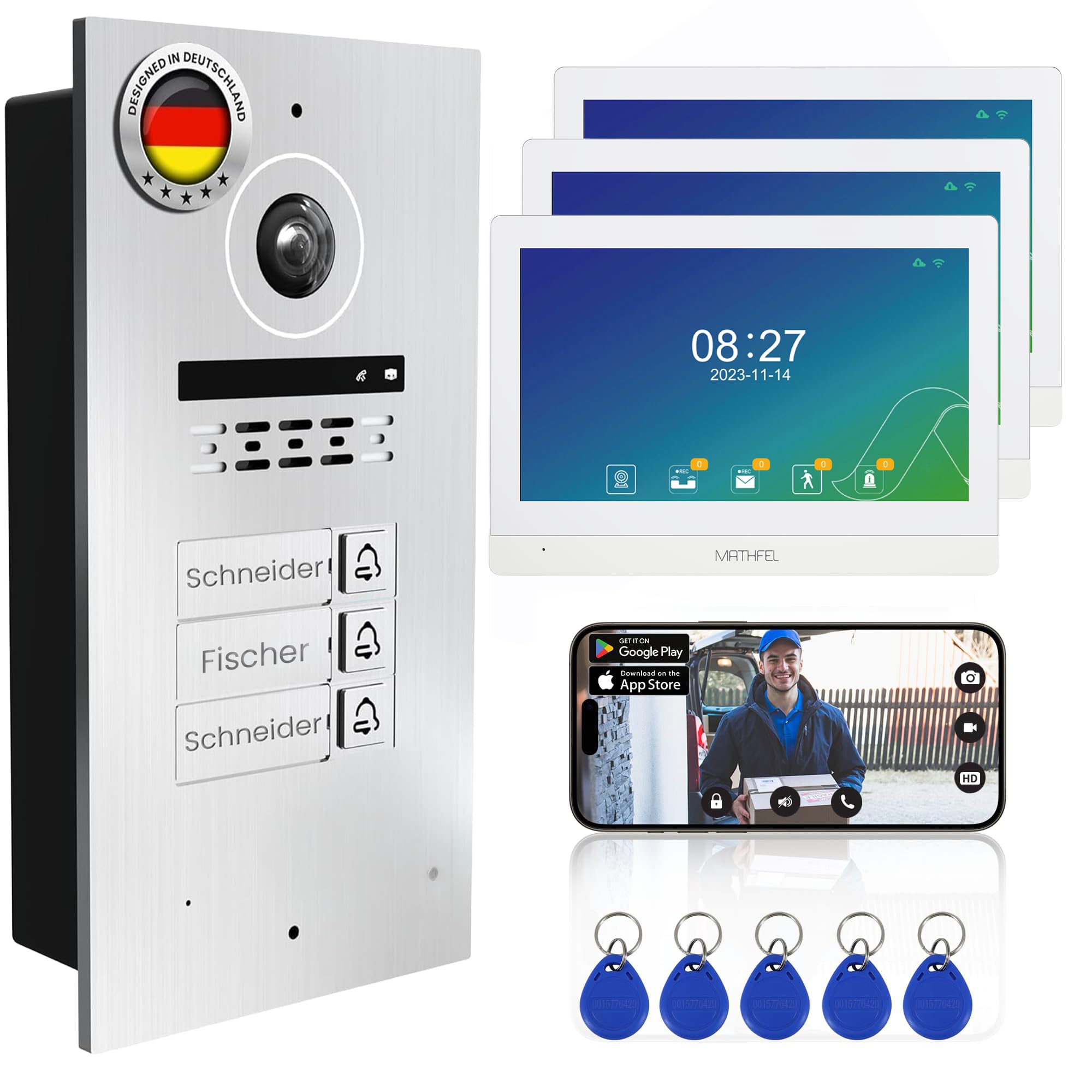 Mathfel 2-Draht Video Türsprechanlage mit RFID – WLAN Monitor, 2MP HD Kamera, 170° Weitwinkel, Türklingel mit Kamera & Türöffner für 2-Familienhaus (3 x 10 Monitor, RFID)
