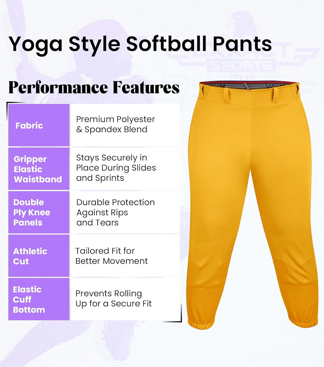 Exxact Sports Womens Softball Pants Knicker/Yoga Style Knee Length, 4-Way Stretch Low Rise Softball Pants for Women - Image 3