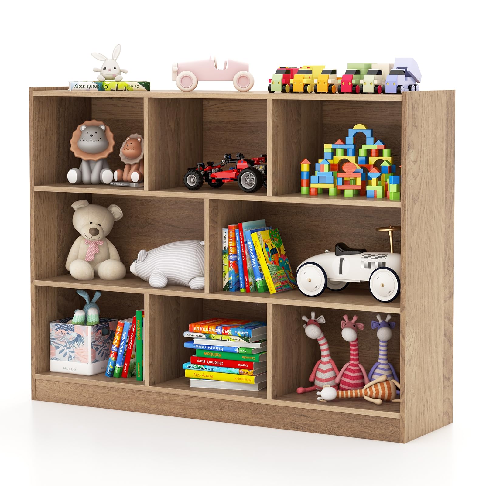 Costzon 3-Shelf Bookcase for Kids, Wooden Toy Storage Organizer for Books Toys, 8-Section Freestanding Classroom Daycare Montessori Bookshelf for Preschool, Home Playroom & Kindergarten (Natural)