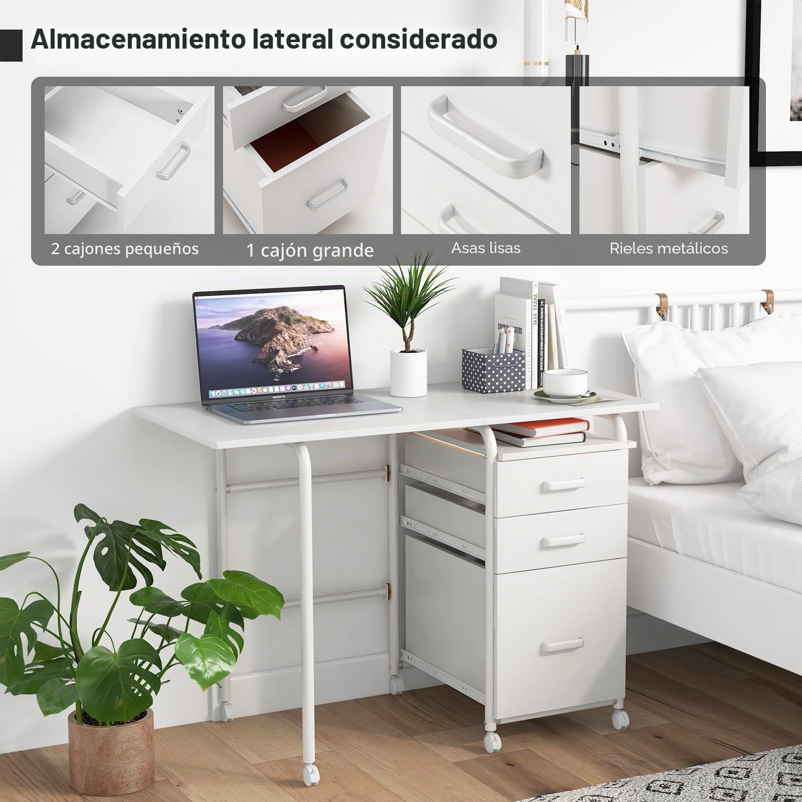 GIANTEX Escritorio de Ordenador Plegable con 3 Cajones de Almacenamiento, Mesa de Marco Metálico con Ruedas con Cerradura 360°, Mesa Auxiliar para Salón, Dormitorio (Blanco)