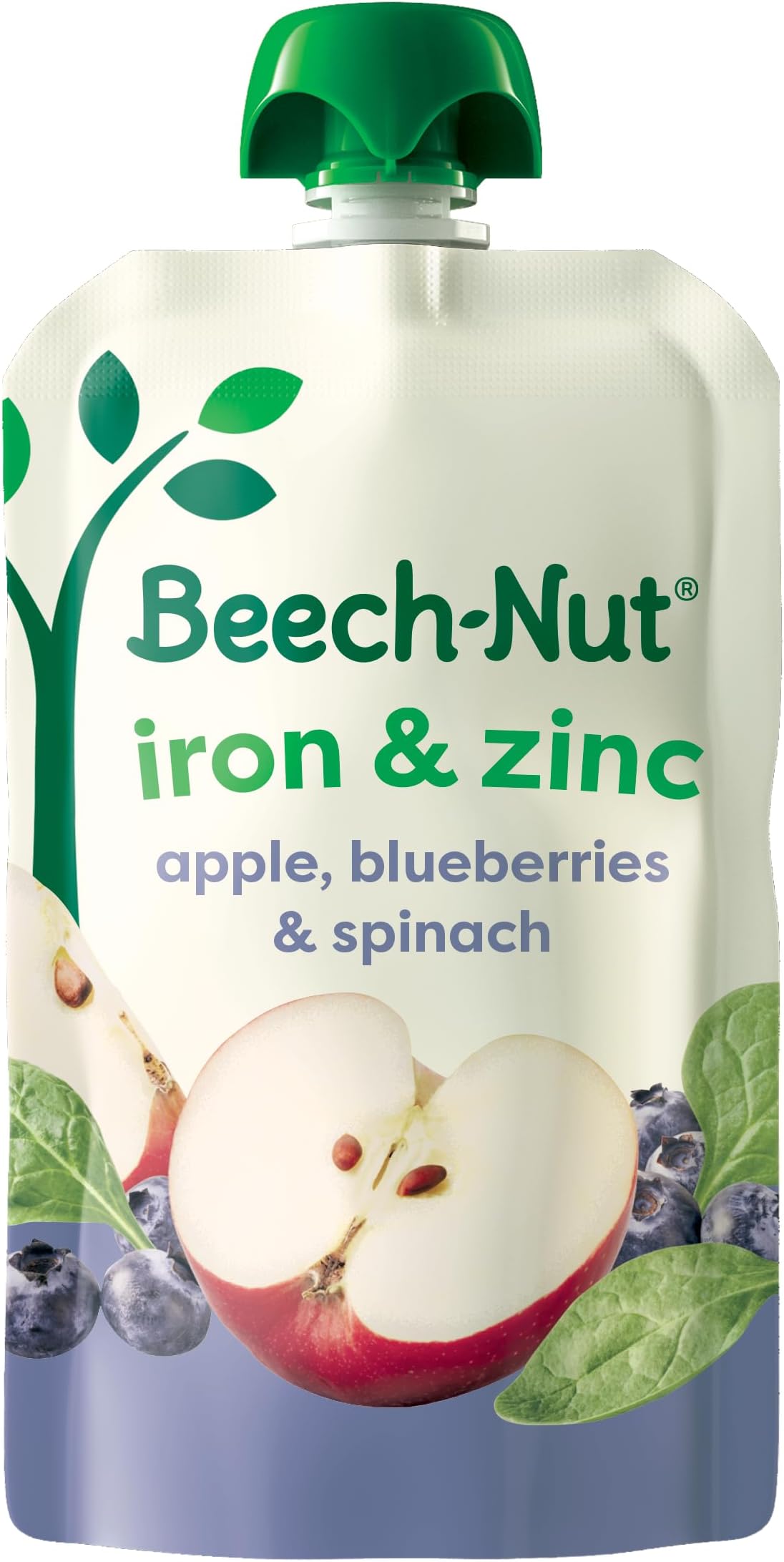 Beech-Nut Baby & Toddler Food Pouches with Iron & Zinc, Apple Blueberry & Spinach Puree, 3.5 oz (12 Pack)