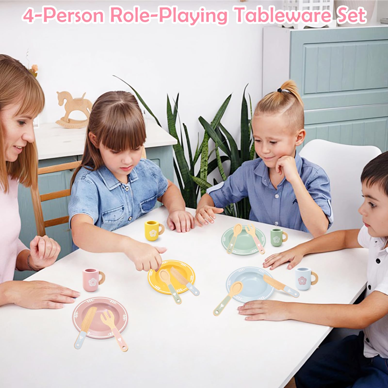 Cocina Juguete de Madera, 22 Piezas Accesorios Cocina Juguetes con Platos y Vajilla Pequeños, Juguetes de Cocina de Madera para Juegos de rol, Regalo para Niñas Niños 3+ Años