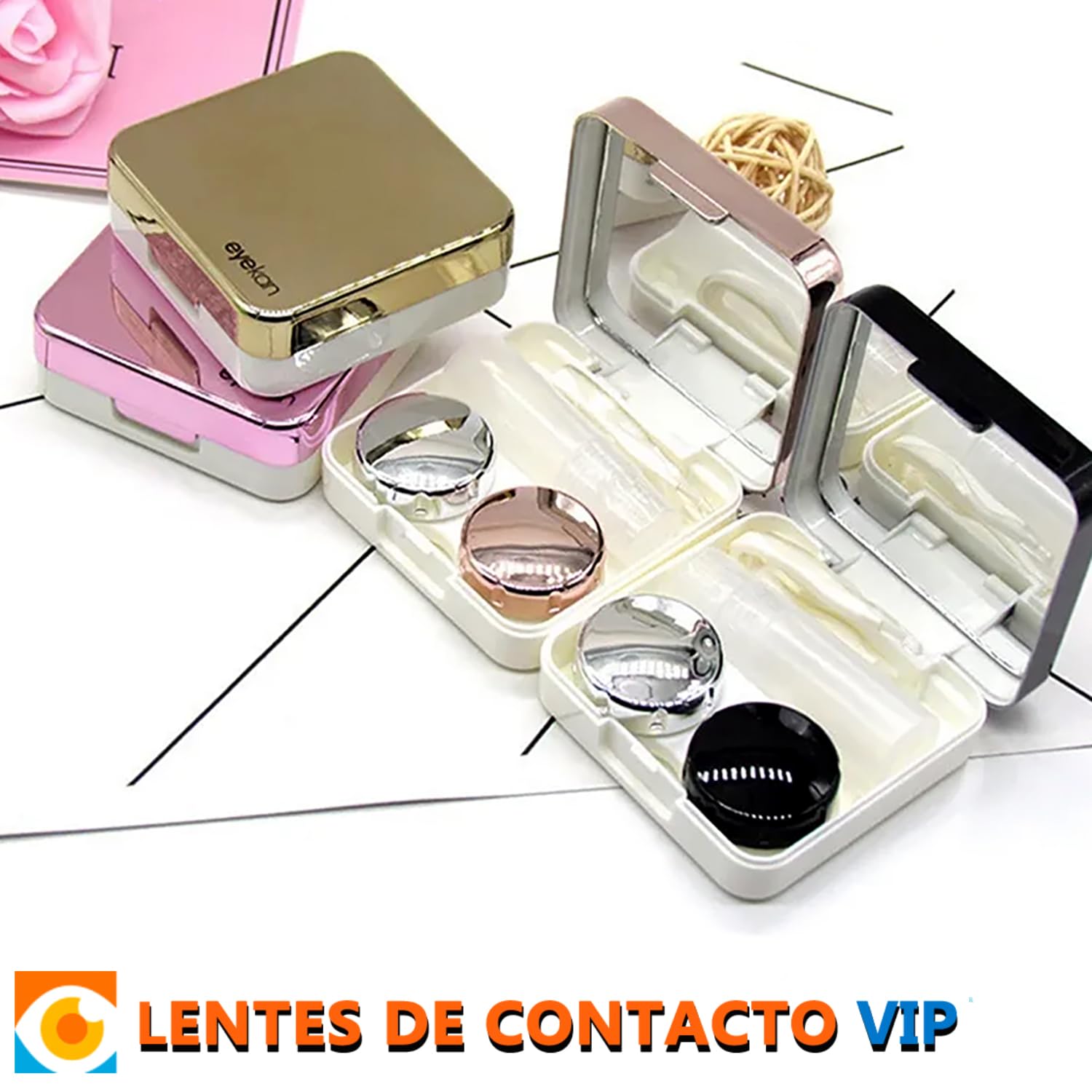 Estuche para Lentes de Contacto Color Brillante Set de Viaje con Espejo, portalentillas, Pinza, aplicador y Mini Botella portalíquido (Plateado)