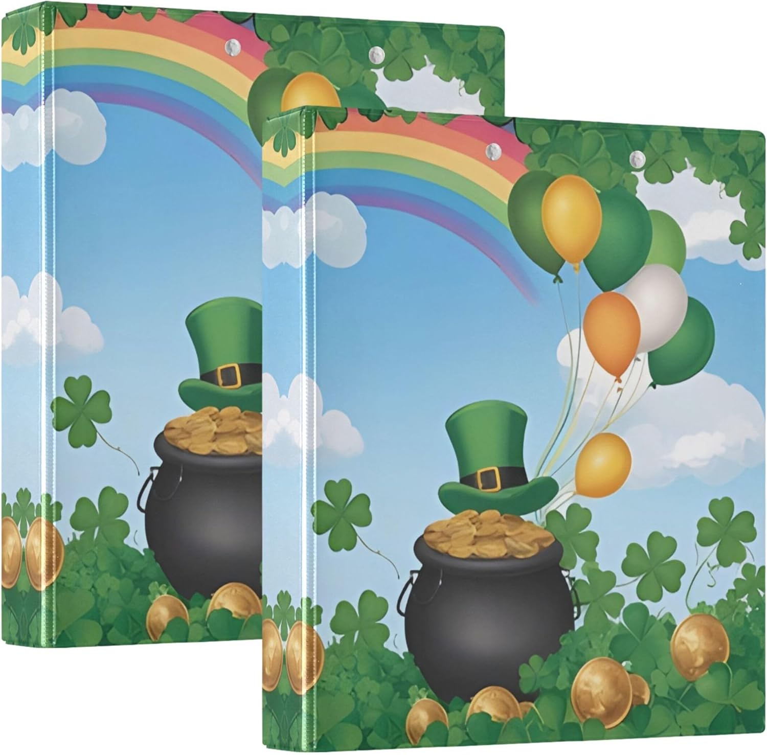 St. Patrick's Clover Gold Coin 3 Ring Binders, 1.5” Round Ring Binders with Clipboard - Letter Size, 3 Interior PVC Clear Pockets & Anti-Slip Clip for Office School Supplies, 2PCS