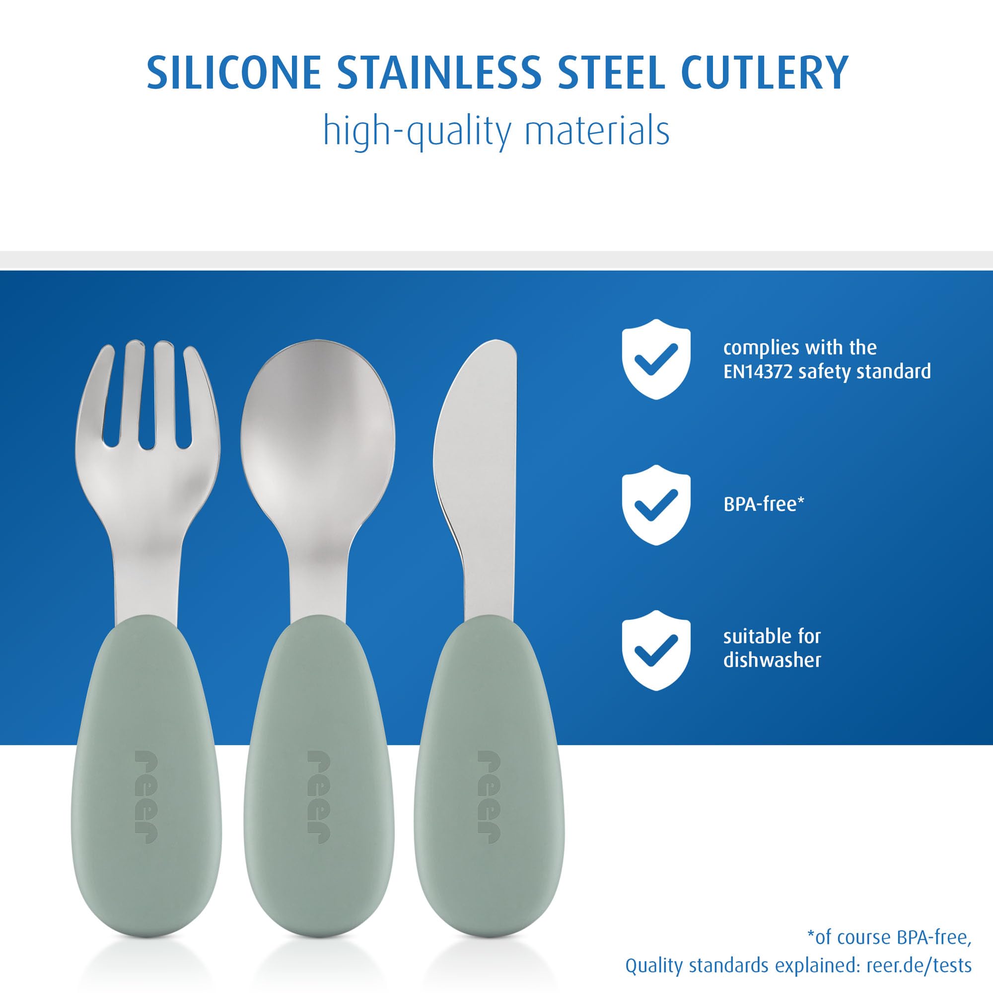 reer Cubertería de silicona de acero inoxidable, 3 piezas, para bebés y niños, diseño ergonómico y adecuado para niños, silicona de grado alimenticio, puntas de acero inoxidable, apto para
