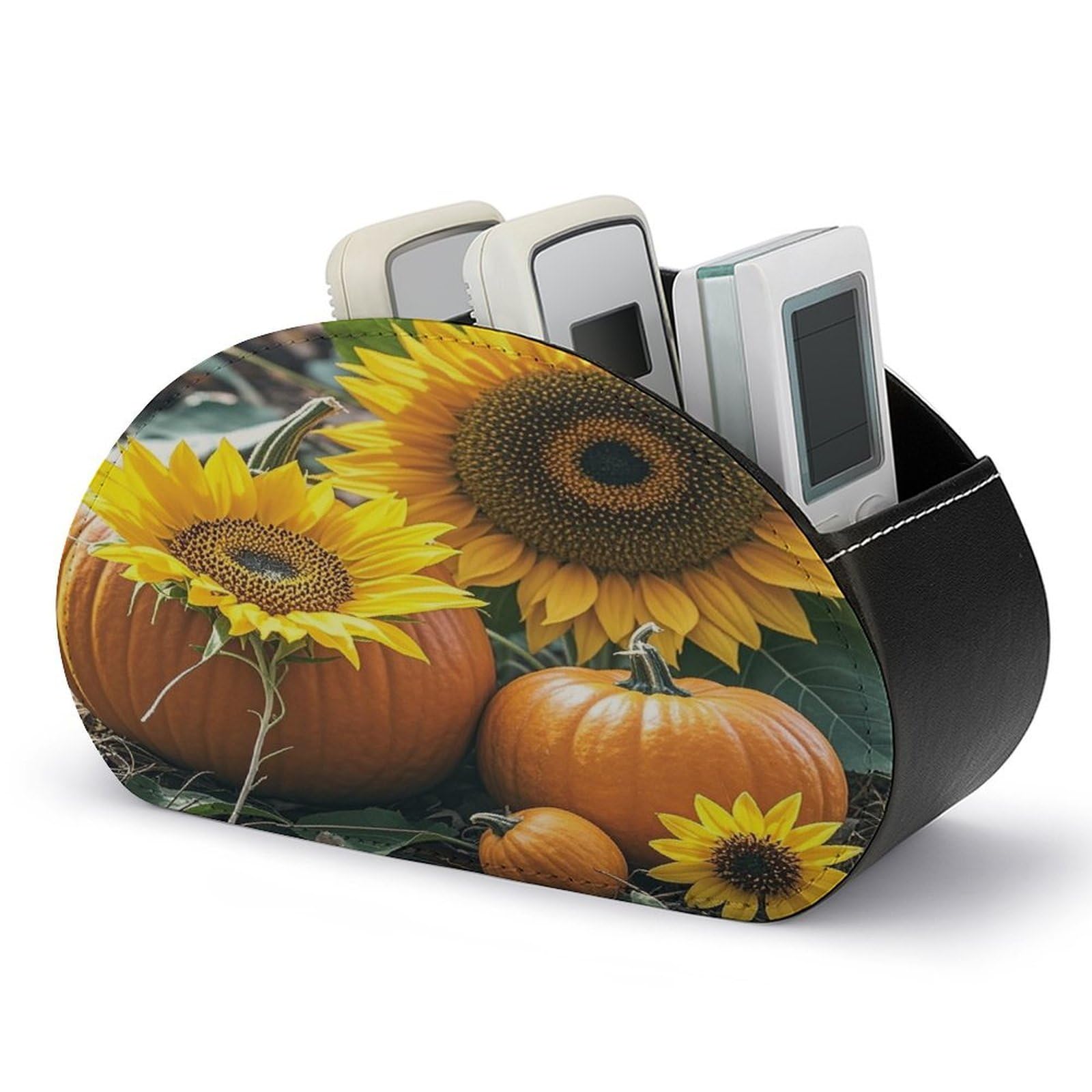 LZQPOEAS Pumpkins And Flowers Remote Control Holder with 5 Compartments PU Leather Remote Organizer Box Caddy for Table Nightstand Remote Caddy Desktop Organizer Fits Media Controllers