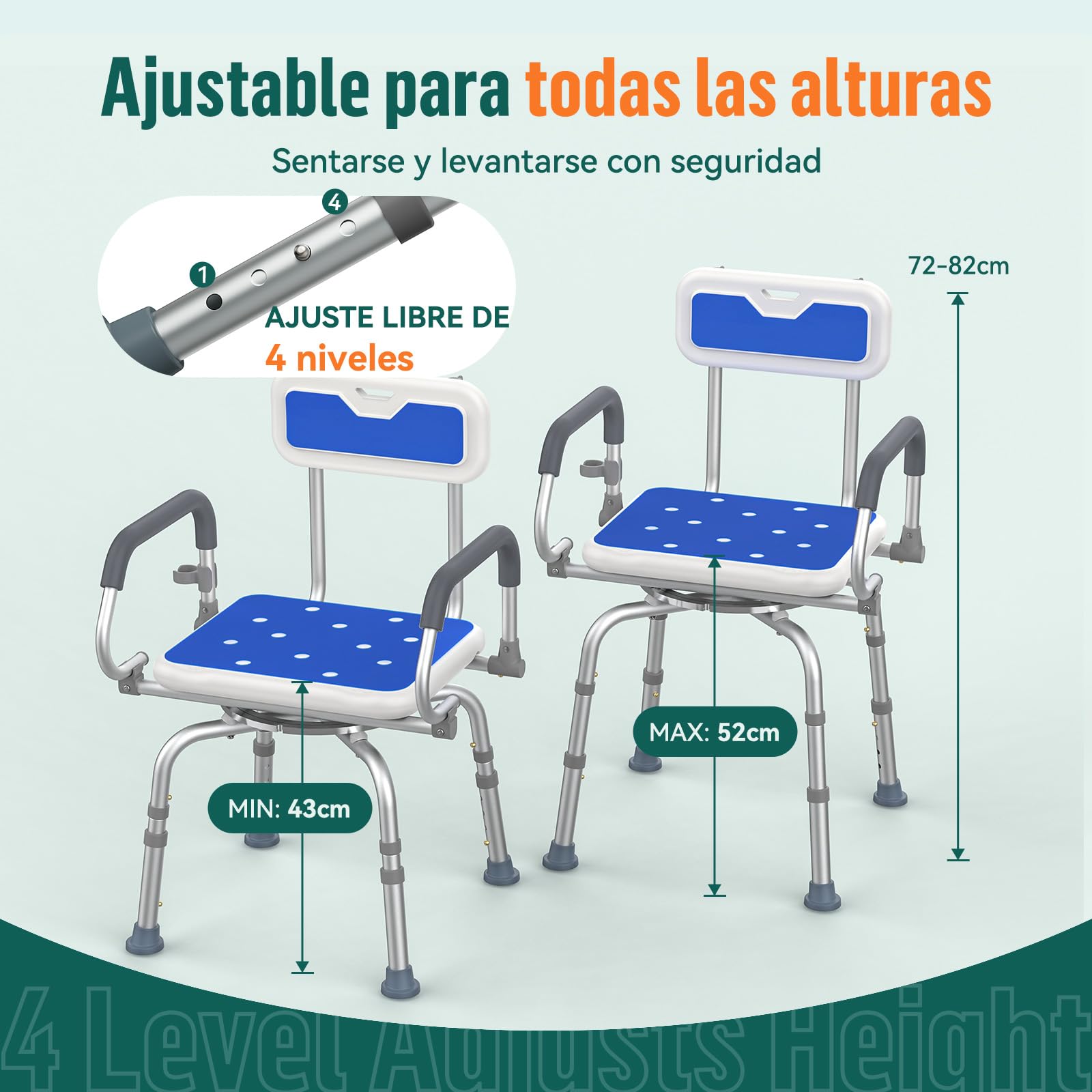 Silla de Ducha Giratoria 360° – Silla de Ducha Ajustable con Respaldo y Reposabrazos Abatibles, Taburete de Ducha Antideslizante de Aluminio para Mayores y Personas con Movilidad Reducida