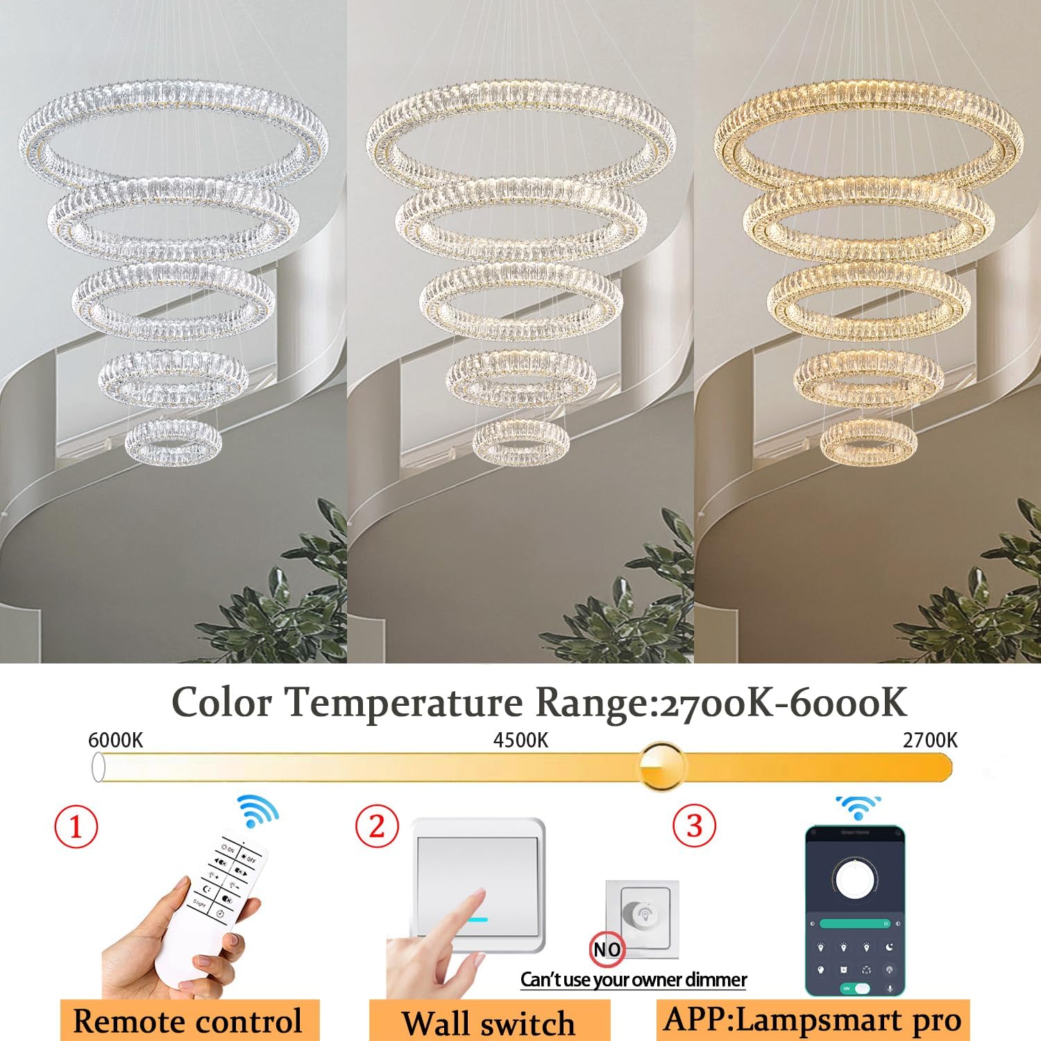 Large Gold Ring Chandelier for High Ceiling Modern Long Crystal Chandelier Lighting, Dimmable LED Ceiling Chandeliers,5 Ring D8‘’+15.7‘’+23.6‘’+31.5‘’+39.4''