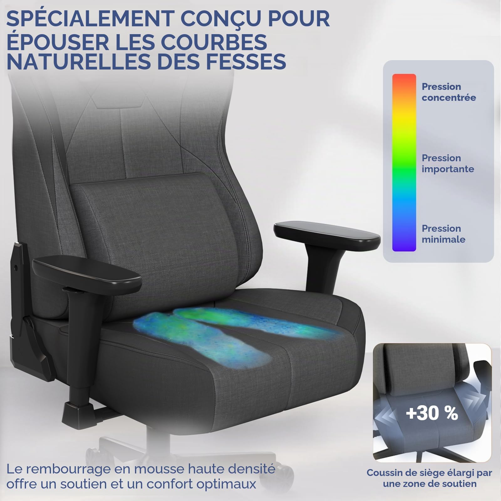 JUMMCIO Chaise de Gaming en Tissu avec siège de Course, Chaise de Bureau Confortable, Ergonomique, réglable en Hauteur 3D, Fonction inclinable (90 °-135 °), Charge maximale 200 kg, Gris