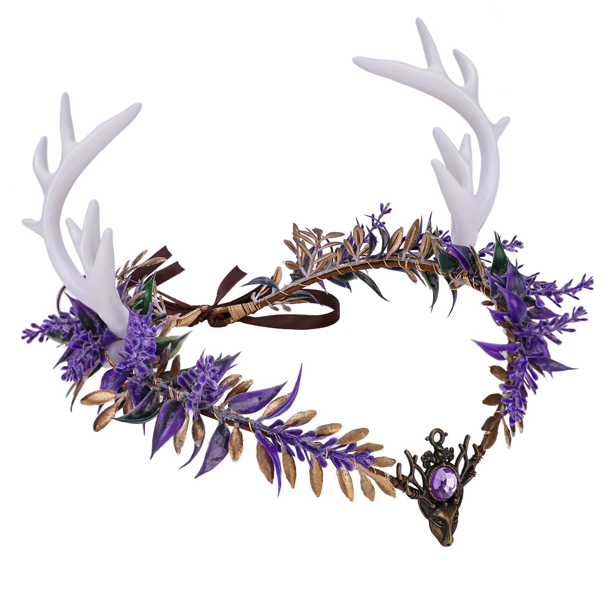 MOSTORY Purple Antler Fairy Crown - Deer Horns Elf Flower Headband Woodland Floral Headpiece Elven Leaf Circlet for Women Renaissance Renfaire Cosplay
