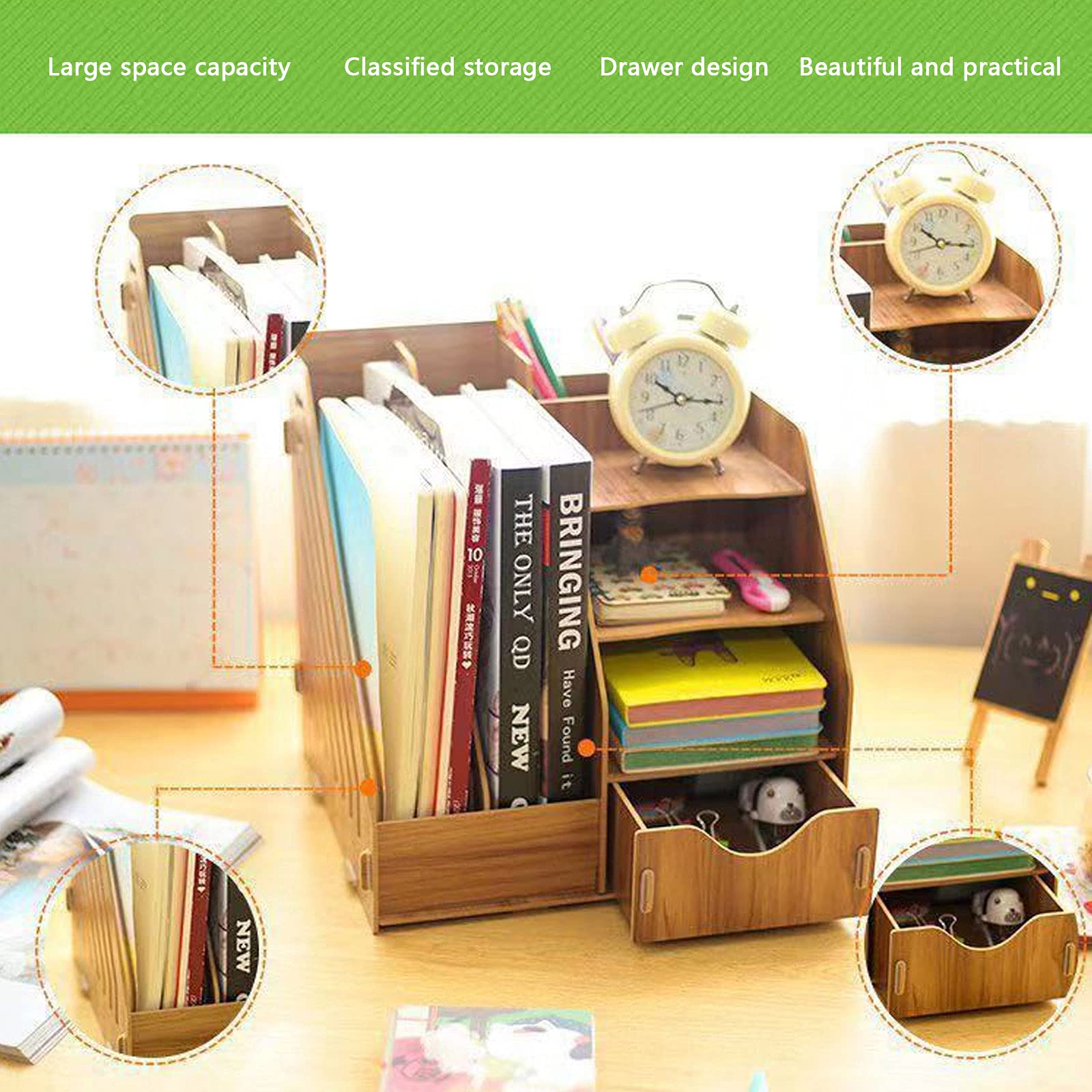 Organizer da Scrivania in Legno Multifunzionale con Cassetto Portapenne, Organizer da Scrivania, in Legno, Multifunzionale, per Documenti A4, Libri, Cancelleria,Quaderni,File,Salvaspazio,Teak