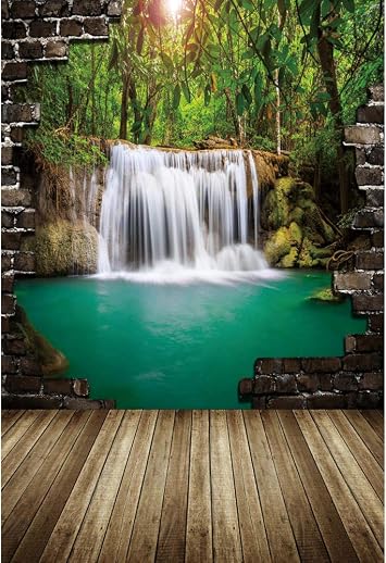 Laeacco 3x5ft Waterfall Backdrop Rustic Wooden Floor Vinyl Photography Background Grunge 3D Brick Wall Nature Scenery Waterfall Landscape Newborn Baby Portraits Photo Studio Props