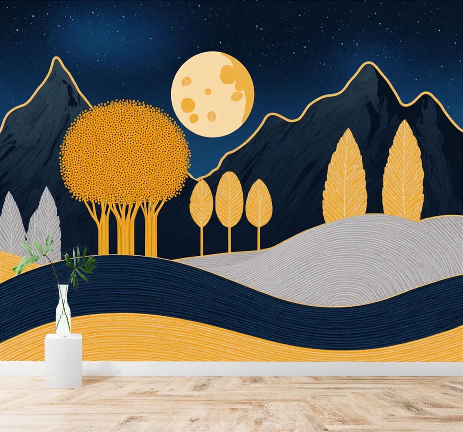XLMING Full Moon Golden Trees Mountains Starry Sky Landscape 3D Wallpaper Silky Texture Home Study Office Grey Dining Room Sofa Bedroom Living Room TV Backdrop-350cm×256cm