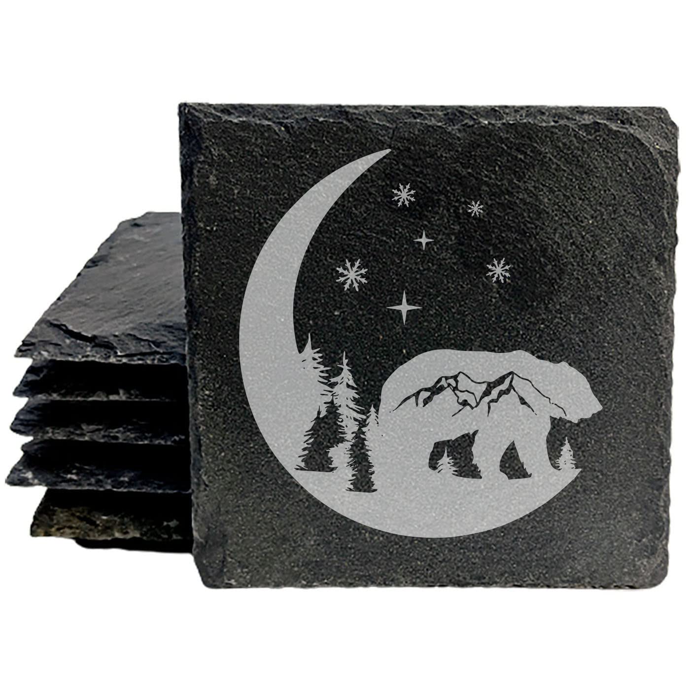 Mystic Moon and Stars Slate Coasters - Laser Etched Bear and Mountain Scene - Unique Home Decor Gift - Square Slate - set of 6