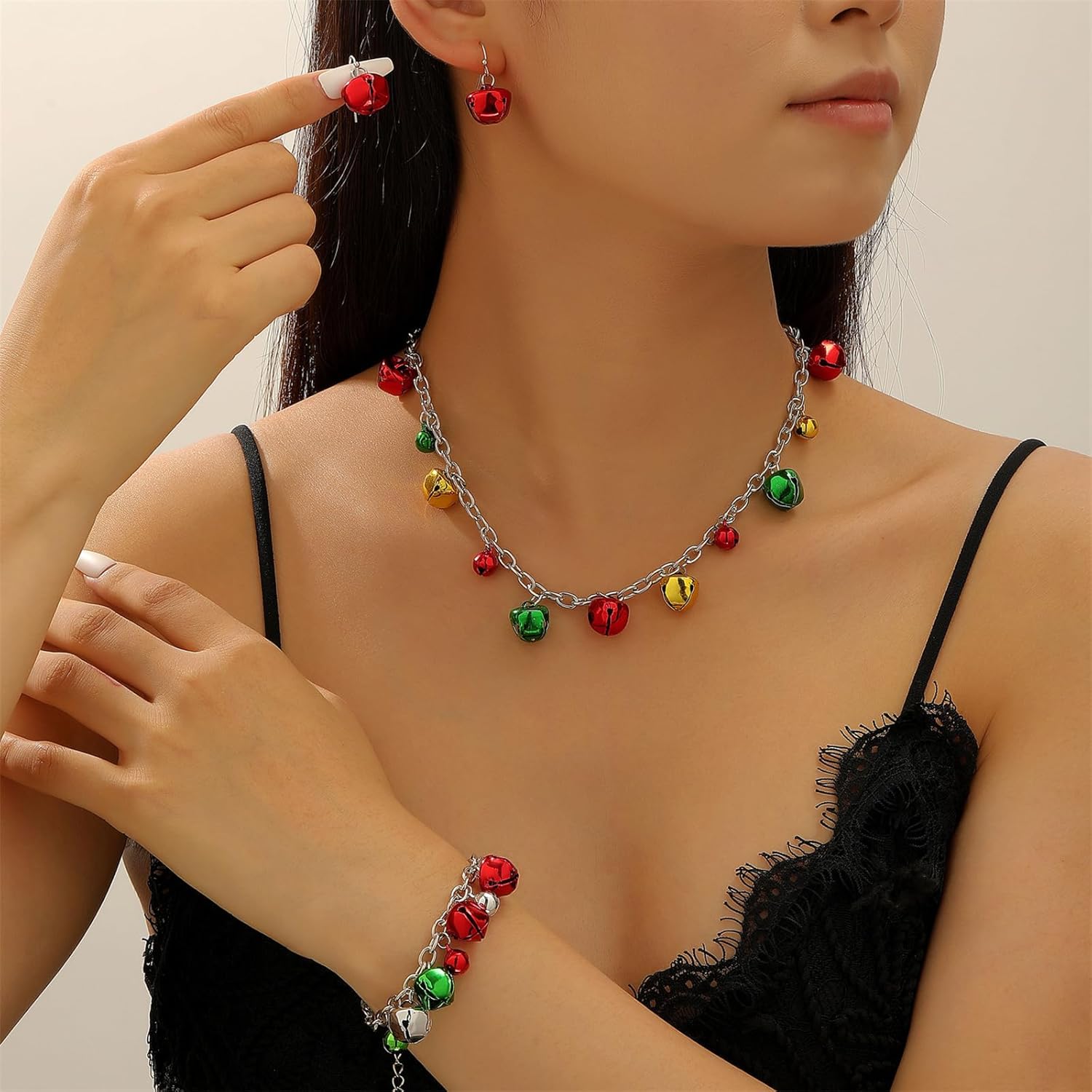 Christmas Necklaces Bracelet Earrings Set Cute Jingle Bell Ornament Long Chain Drop Dangle Earrings Lovely Bracelet Xmas Clothing Accessories Holiday Party Jewelry Gifts - Image 5