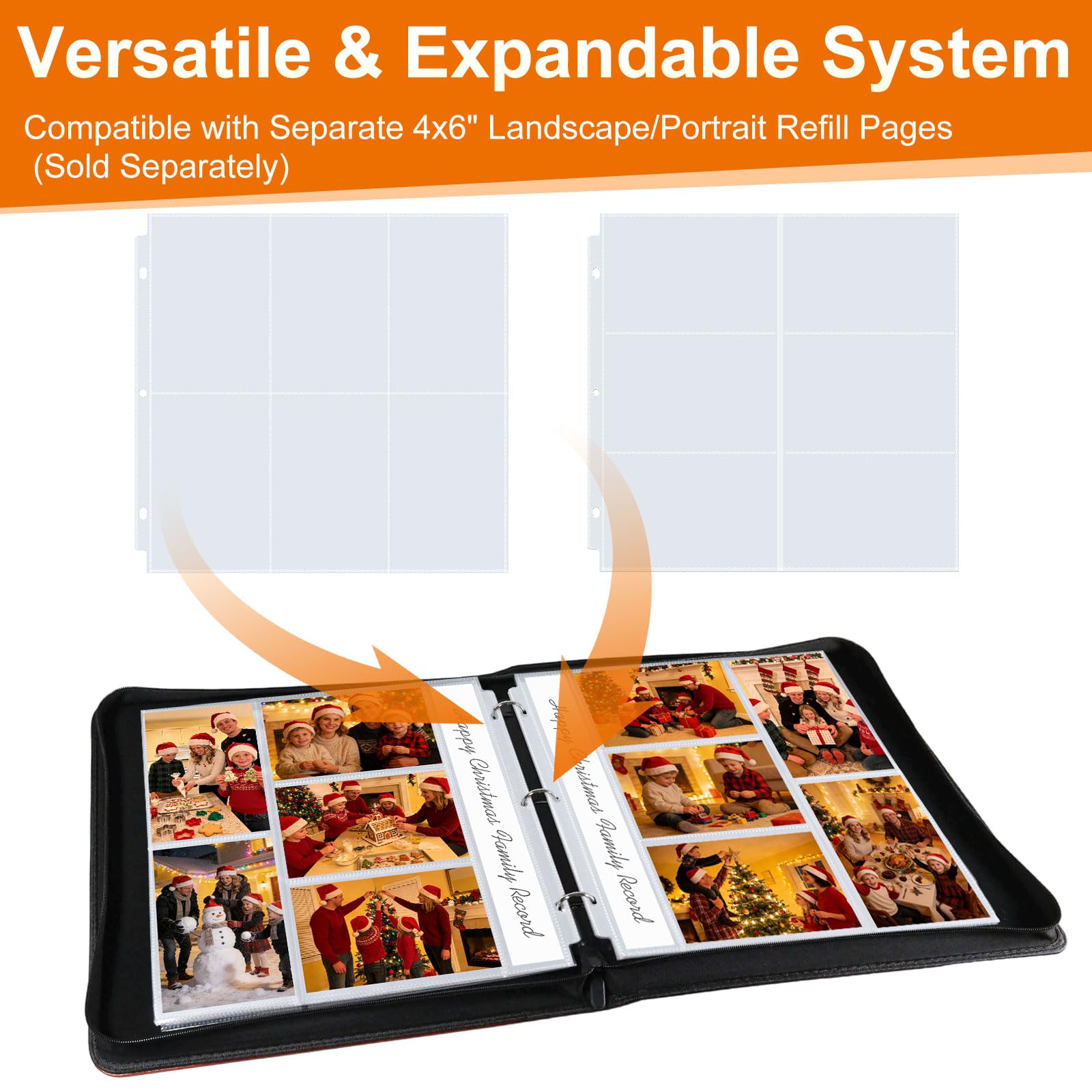 Álbum de fotos de 4 x 6 pulgadas para carpeta de 3 anillas, kit de álbumes de fotos de cuero con cremallera con 20 protectores de página, capacidad para 200 fotos de diseño mixto, gran capacidad
