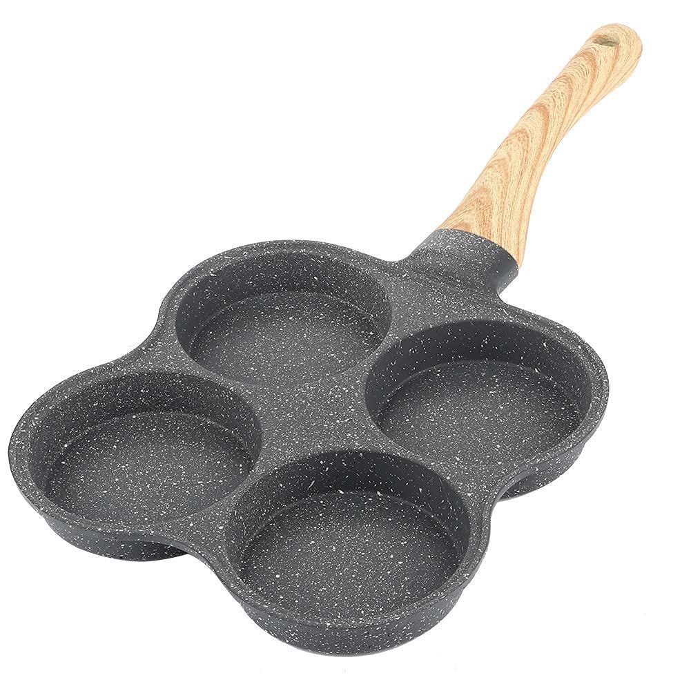 Zerodis Patelnia do omletów 4 otwory, nieprzywierająca, aluminiowa, do kuchenki indukcyjnej i gazowej, uchwyt drewniany