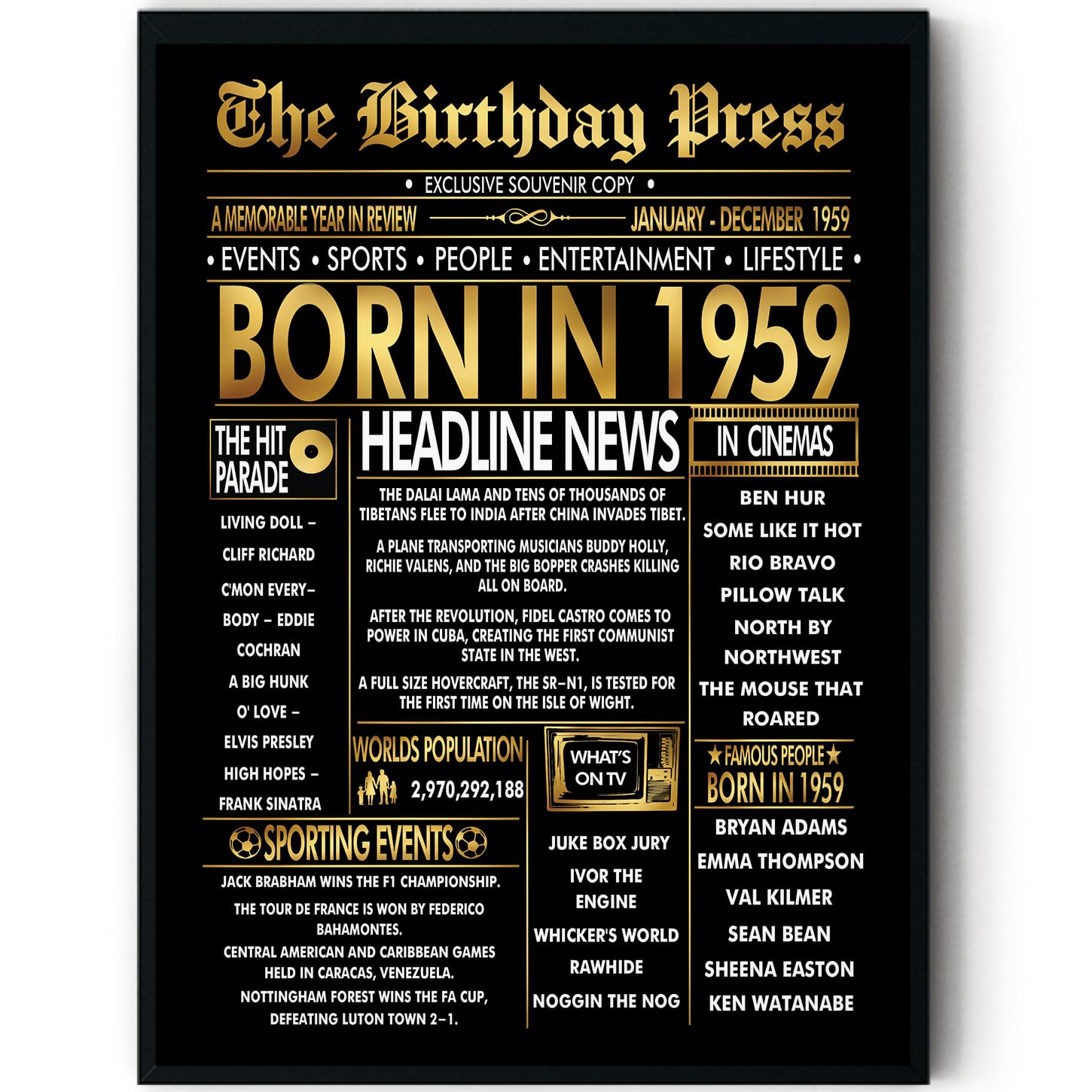 Stuff4 Men's 1959 Gold 67Th Birthday Poster Framed - Golden Born In Newspaper - Happy 67 Birthday For Wo Retro Vintage Gifts Back In 8X10 Inch Bday Party Decor Decoration