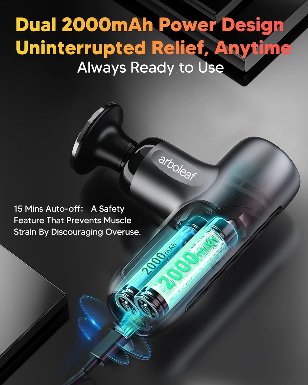 arboleaf Mini Massage Gun showing USB-C charging port and battery indicator lights
