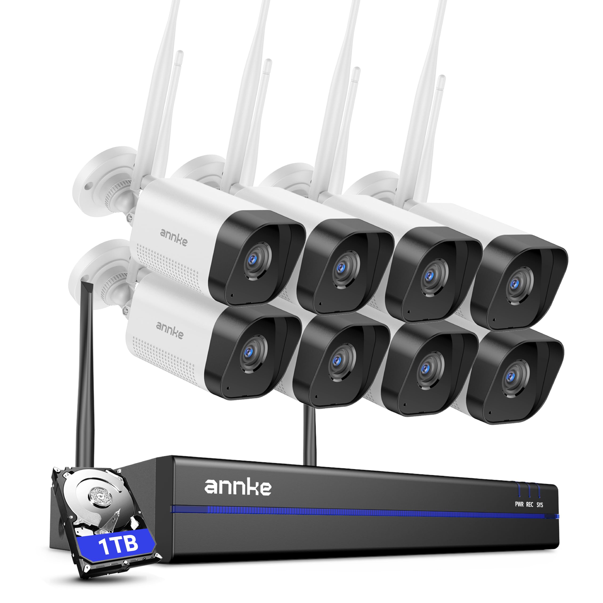 ANNKE Set di telecamere di sorveglianza WLAN da 3 MP, per esterni, 8 telecamere WiFi da 3 MP, 16 CH 4 K NVR con 1 TB HDD per 24/7, per interni ed esterni, intelligente riconoscimento delle persone