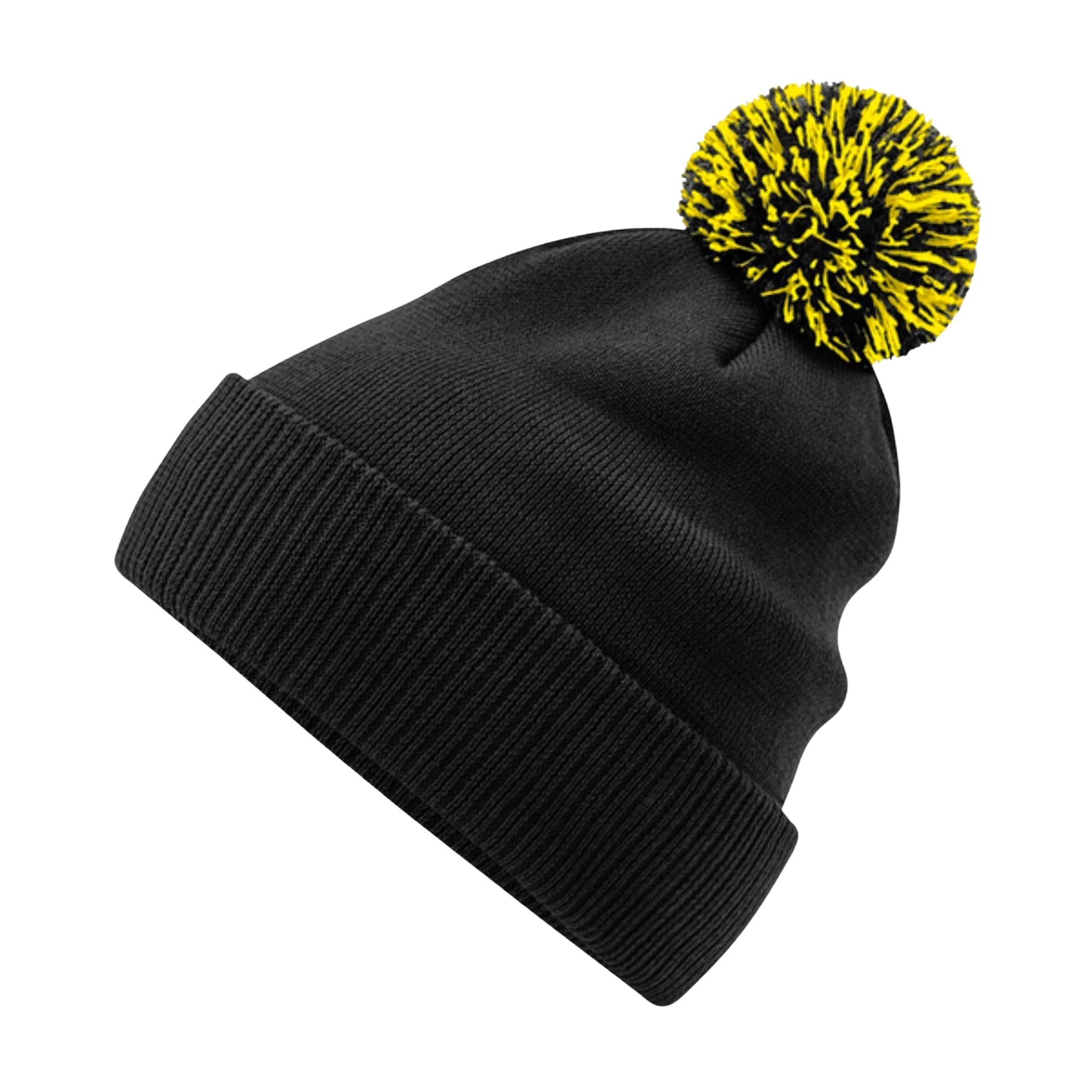 Aremie Unisex Black / Yellow Snowstar Beanie Hats Mens Womens Two Tone Bobble Pom Winter Headwear - Yellow