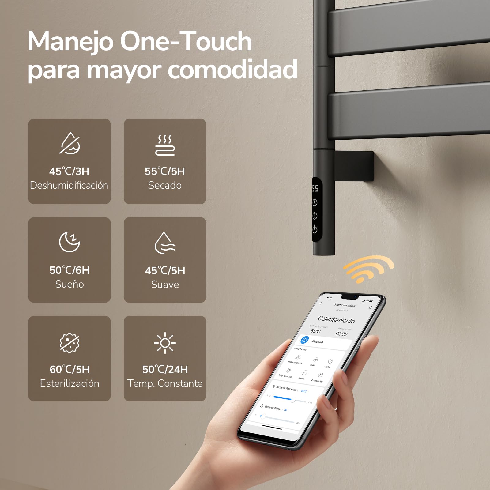 EMKE Toallero Eléctrico Giratorio WiFi, 77x45 cm, Estante,Antracita | Radiador Toallero de Pared con Estante, Fibra de Carbono, 6 Modos,Bajo Consumo,2 formas de instalación