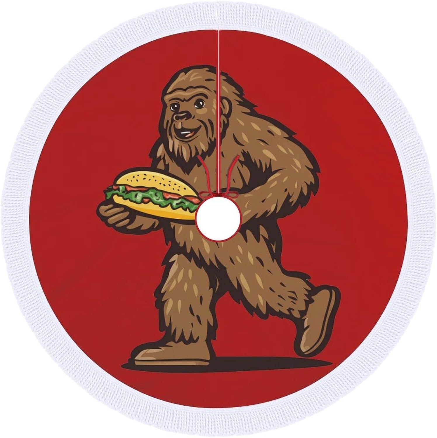 Sasquatch Bigfoot Carrying Tacoes Christmas Tree Skirt Round Xmas Tree Mat Ornaments Tree Skirts with Tassels for Holiday Party