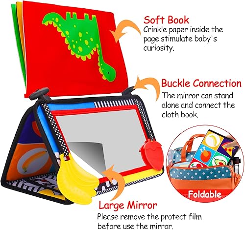 Miniatura 3 de Espejo para bebé Tummy Time, juguetes para bebés recién nacidos de 0 a 3 meses, desarrollo cerebral con libro de tela arrugada, mordedor, color