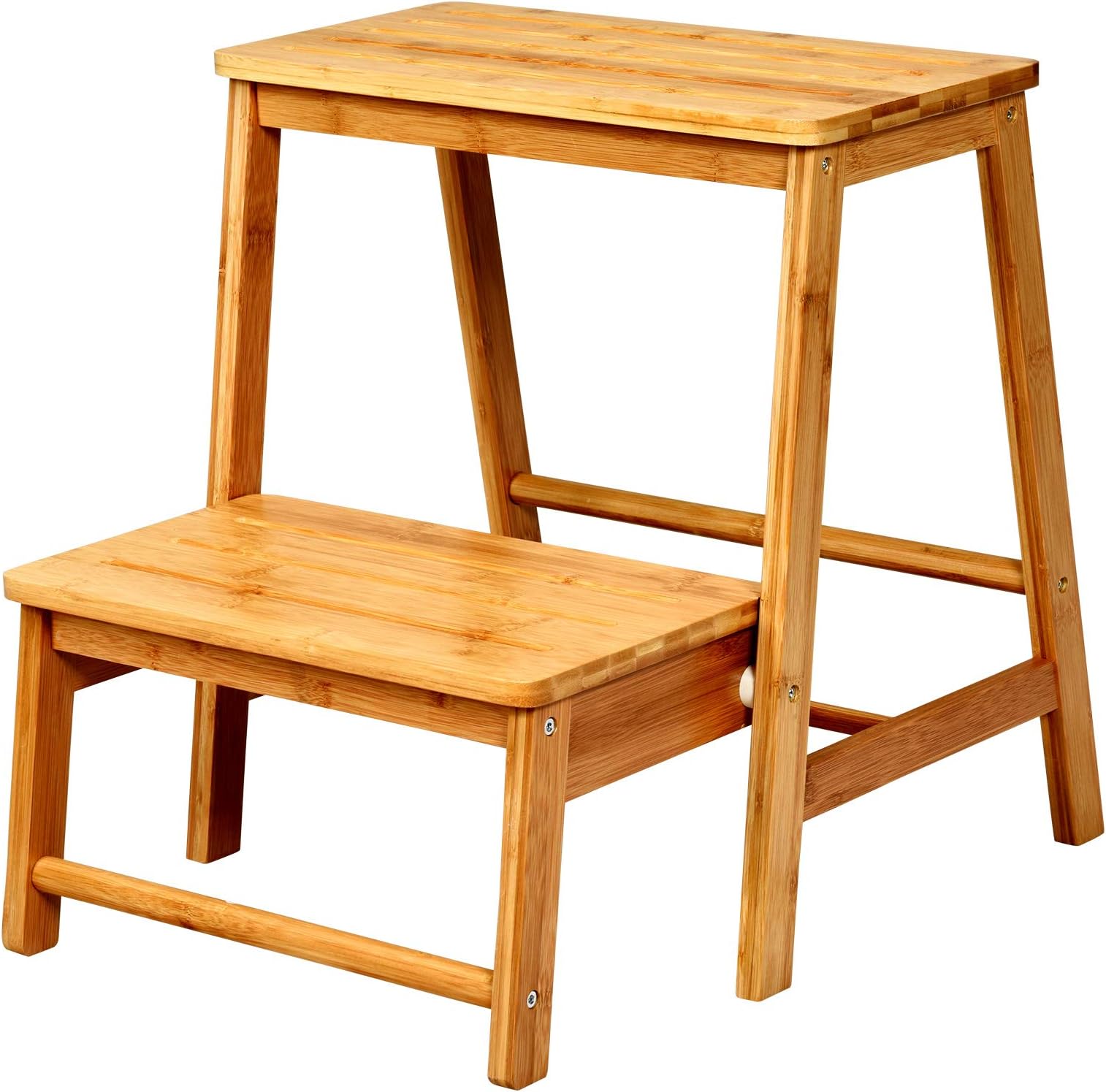 GYMAX 2-Tier Foldable Step Stool, 100KG Weight Capacity Bamboo Footstool Plants Shelf, Portable Wooden Step Ladder for Kitchen, Balcony & Garage (Natural)